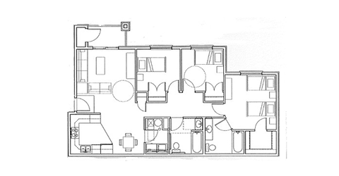 Floor plan for 3 beds, 2 baths, 1155 sqft